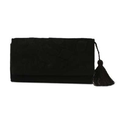 Cotton wallet, 'Midnight Sky Garden' - Handcrafted Black Embroidered Cotton Wallet with Tassel