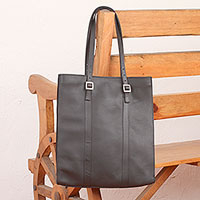 Leather tote bag, 'Market Chic' - Handcrafted Black Leather Tote Bag with Adjustable Straps