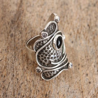 Unique Sterling Silver Cocktail Ring with Onyx and Amethyst