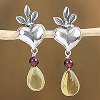 Amber and garnet dangle earrings,