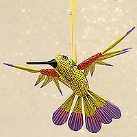 Wood alebrije ornament, 'Fanciful Flutter in Yellow' - Copal Wood Yellow Colorful Alebrije Hummingbird Ornament