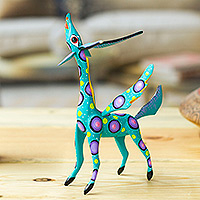 Wood alebrije statuette, 'Winged Song' - Teal Alebrije Gazelle with Multicolor Hand Painted Motifs