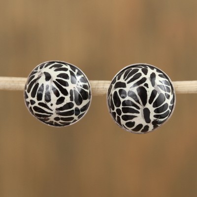 Ceramic button earrings, 'Raven Blooms' - Talavera-Style Black and White Round Ceramic Button Earrings