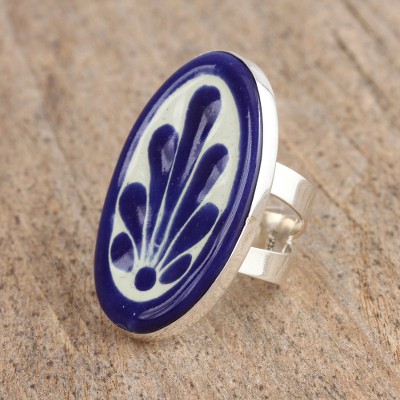 Talavera-Style Blue and White Ceramic Cocktail Wrap Ring