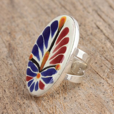 Talavera-Style Blue and Orange Ceramic Cocktail Wrap Ring