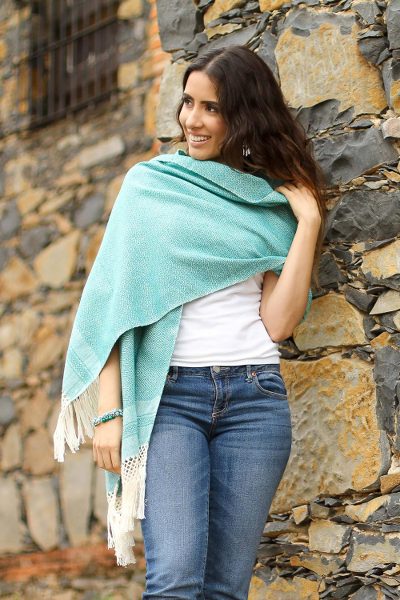 Cotton rebozo, 'Sea Sky' - Ivory Diamond Motif on Blue-Green Handwoven Cotton Rebozo