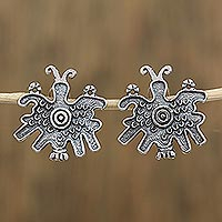Sterling silver button earrings, 'Pre-Hispanic Butterflies' - Pre-Hispanic Butterfly Sterling Silver Button Earrings