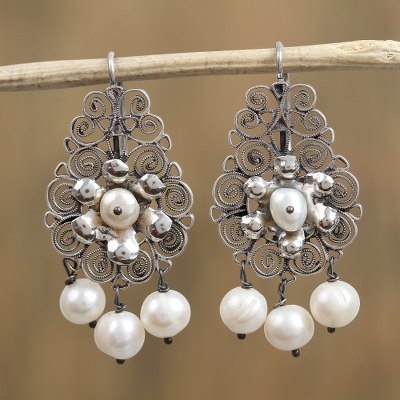 Cultured pearl filigree dangle earrings, Floral Candelabra