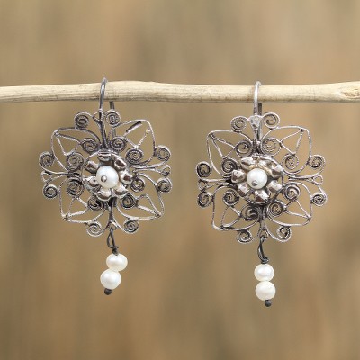 Cultured pearl dangle earrings, Scrollwork Garden