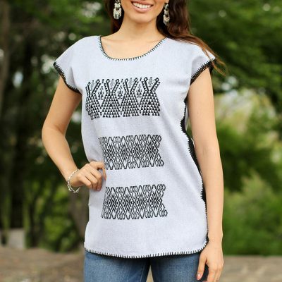 Handwoven embroidered cotton blouse, 'Grey Field' - Grey Blouse with Black Cotton Embroidery from Mexico