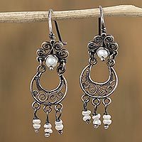 Cultured pearl filigree dangle earrings,