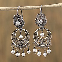 Cultured pearl filigree dangle earrings,