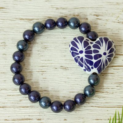 Cultured pearl and ceramic beaded stretch bracelet, Graceful Delight