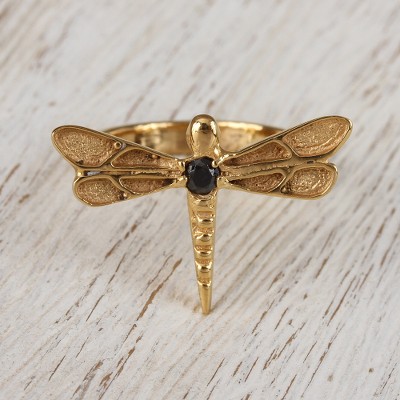 Gold plated garnet cocktail ring, Gleaming Dragonfly