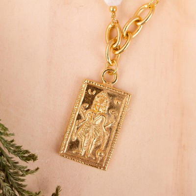 Gold plated cultured pearl and quartz pendant necklace, Kali