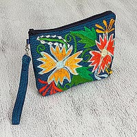 Cotton cosmetic bag, 'Flowers of Zinacantan' - Floral Embroidered Cotton Cosmetic Bag from Mexico