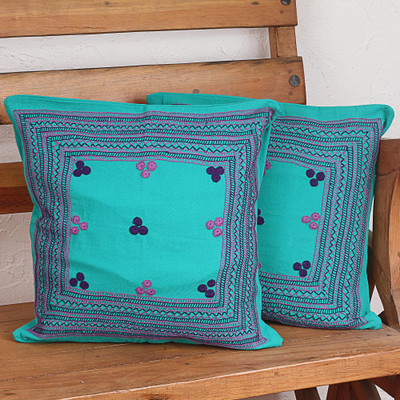 Cotton cushion covers, 'Chic Sampler' (pair) - Caribbean Blue Hand Embroidered Cotton Cushion Covers (Pair)