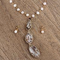 Gold plated agate geode and cultured pearl jewelry set,