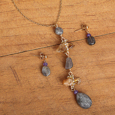 Gold plated multi-gemstone jewelry set, 'Cloudy Elegance' - Gold Plated Citrine and Labradorite Jewelry Set from Mexico