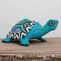 Wood alebrije sculpture, 'Blue Tortoise' - Wood Alebrije Tortoise Sculpture in Blue from Mexico