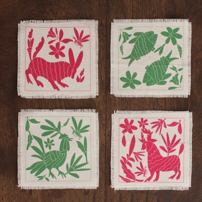 Cotton coasters, Green and Pink Otomi Fauna (set of 4)