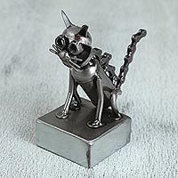 Upcycled metal auto part sculpture, 'Sitting Cat' - Upcycled Metal Auto Part Cat Sculpture from Mexico