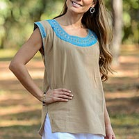 Cotton blouse, 'Mexican Style' - Cotton Blouse in Taupe and Turquoise from Mexico