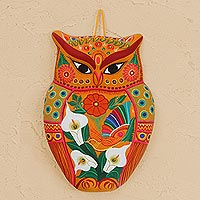 Ceramic wall sculpture, 'Vibrant Owl' - Hand-Painted Ceramic Wall Sculpture in Orange from Mexico