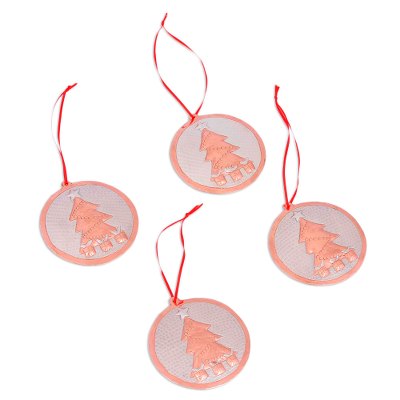 Sterling silver accented copper ornaments, 'Christmas Pine' (set of 4) - Sterling Silver Accent Copper Tree Ornaments (Set of 4)