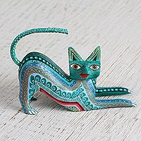 Wood alebrije figurine, 'Cat Stretch' - Wood Alebrije Figurine Cat in Green from Mexico