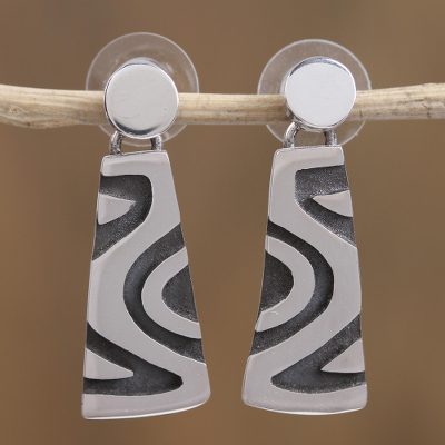 Sterling silver dangle earrings, 'Wavy Labyrinth' - Modern Taxco Sterling Silver Dangle Earrings from Mexico