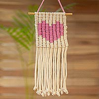 Cotton wall hanging, 'Loving Vibe in Carnation' - Heart Motif Cotton Wall Hanging in Carnation from Mexico