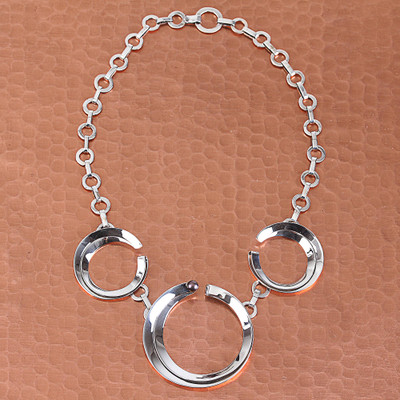 Sterling silver pendant necklace, 'Moon Menagerie' - Cultured Pearl and Sterling Silver Circles Pendant Necklace
