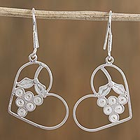 Silver filigree dangle earrings, 'Heart Berries' - Heart and Grape Motif Silver Filigree Dangle Earrings