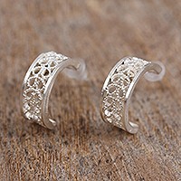 Silver filigree half-hoop earrings,