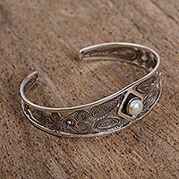 Cultured pearl filigree cuff bracelet,