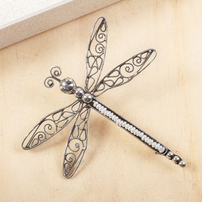 Cultured pearl filigree brooch, 'Taxco Dragonfly' - Cultured Pearl Filigree Dragonfly Brooch from Mexico