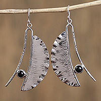 Obsidian dangle earrings, 'Modern Windy Leaves' - Modern Taxco Obsidian Dangle Earrings from Mexico