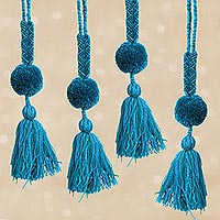 Cotton pompom tassels, 'Flowing Waters' (set of 4) - Handcrafted Blue and Green Cotton Pompom Tassels (Set of 4)