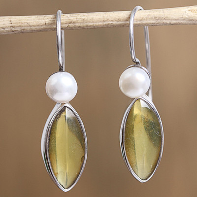 Amber and cultured pearl dangle earrings, Amber Eyes