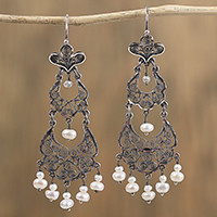 Cultured pearl filigree chandelier earrings,