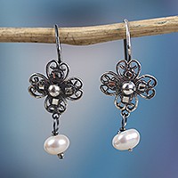 Cultured pearl filigree dangle earrings,