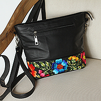 Cotton accent leather shoulder bag, 'Sophisticated Bouquet' - Embroidered Cotton Accent Black Leather Sling from Mexico