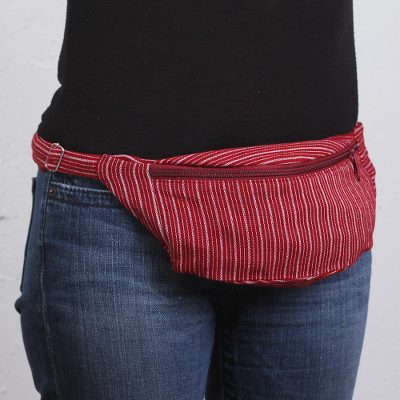 Cotton waist pack, 'Crimson Traveler' - Striped Cotton Waist Pack in Crimson Red from Mexico