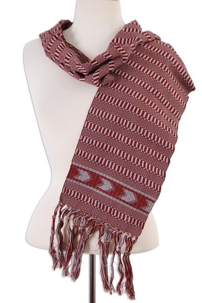 Cotton scarf, 'Illusory Chevrons' - Handwoven Cotton Wrap Scarf in Poppy and Ash from Mexico