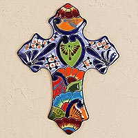 Ceramic wall cross, 'Hacienda Faith' - Hand-Painted Ceramic Wall Cross from Mexico