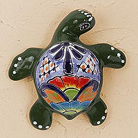 Ceramic wall sculpture, 'Delightful Turtle' - Ceramic Turtle Wall Sculpture in Green from Mexico