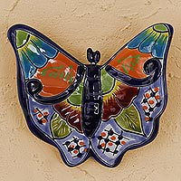 Ceramic wall sculpture, 'Hacienda Butterfly' - Hand-Painted Ceramic Butterfly Wall Sculpture from Mexico