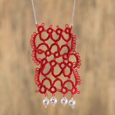 Cotton long pendant necklace, Red Patterns