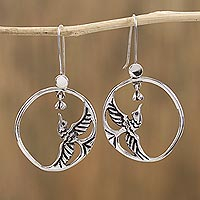 Sterling silver dangle earrings, 'Delicate Hummingbird' - Sterling Silver Hummingbirds in Circle Frame Dangle Earrings